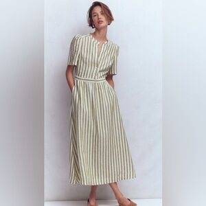 Boden Olive and White Striped Button-Front Maxi Dress